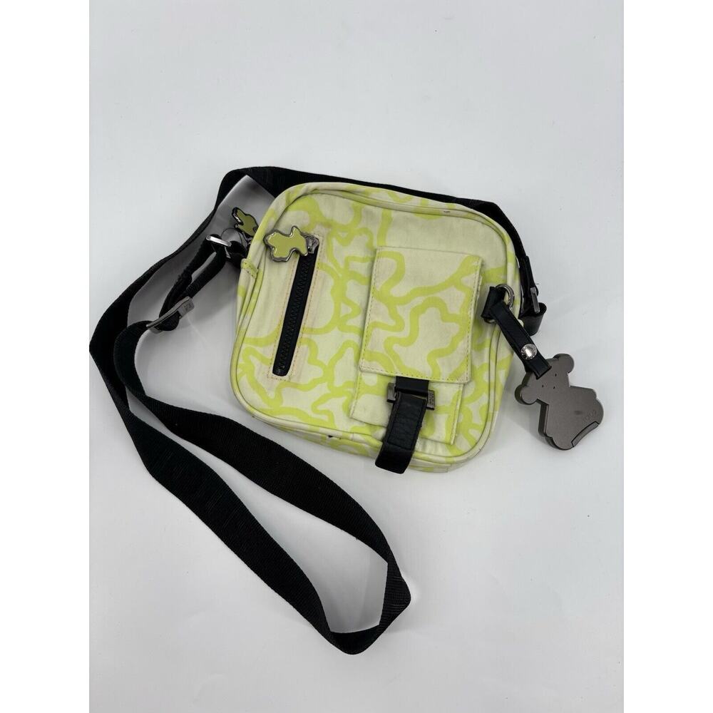 Tous Crossbody Bag Lime Green White Kaos Messenger Nylon Zip Pockets Bear Charm